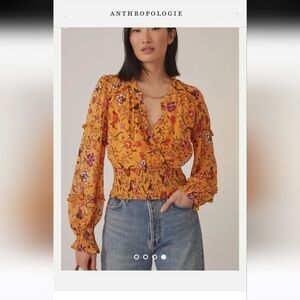 Anthropologie Printed Ruffle Blouse Orange Motif